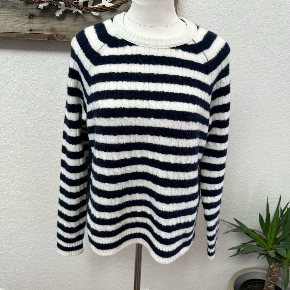 J. Crew navy white striped fuzzy crew neck sweater button side detail Ladies M